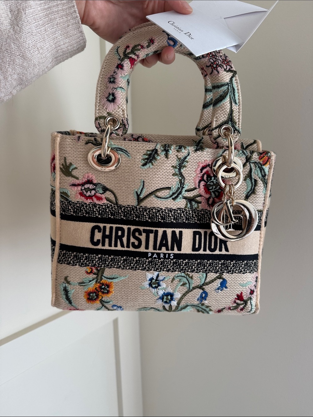Dior Beige Floral Embroidered Mini Lady Tote with Multicolor Flowers - Picture 1 of 16